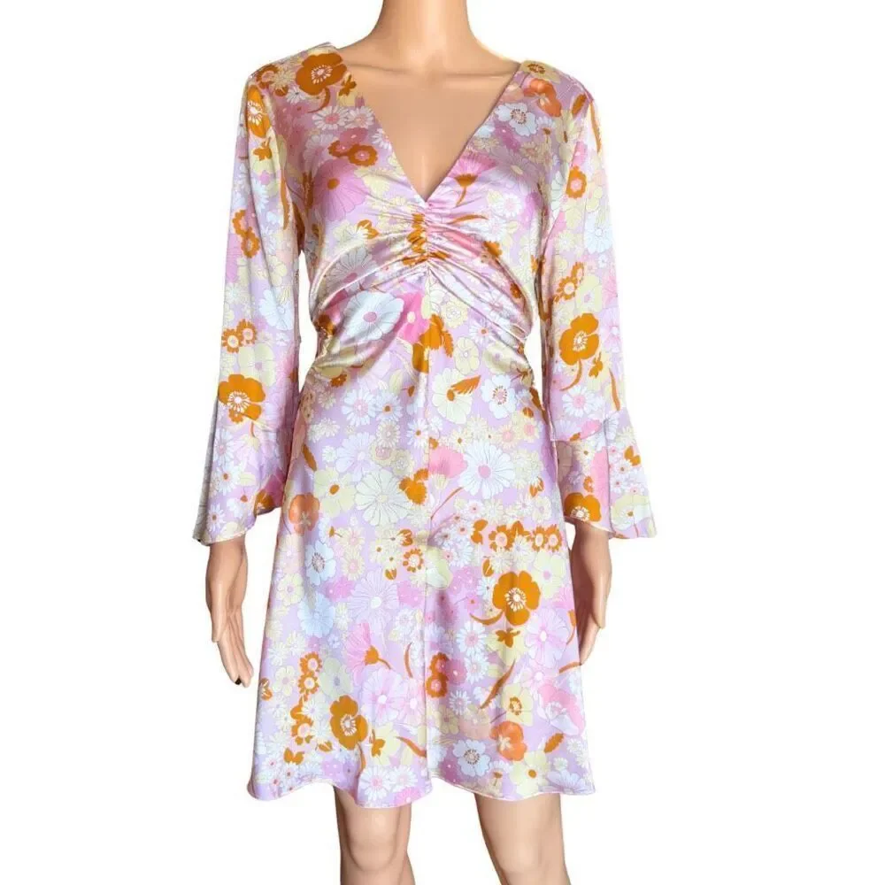 NWT Maje Flower Power Printed Satin Dress Pink Floral Long Sleeve V-Neck 40 US 8